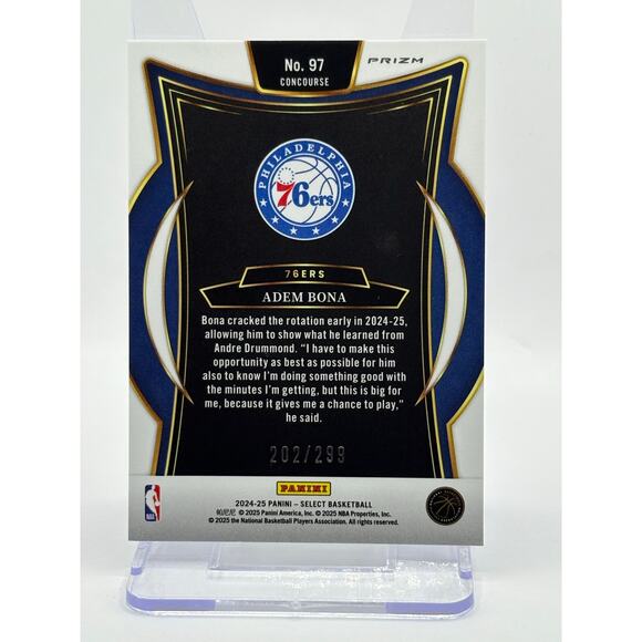 2024-25 Panini Select Adem Bona Rookie Light Blue Prizm 202/299 SP 76ers RC - Picture 2 of 2